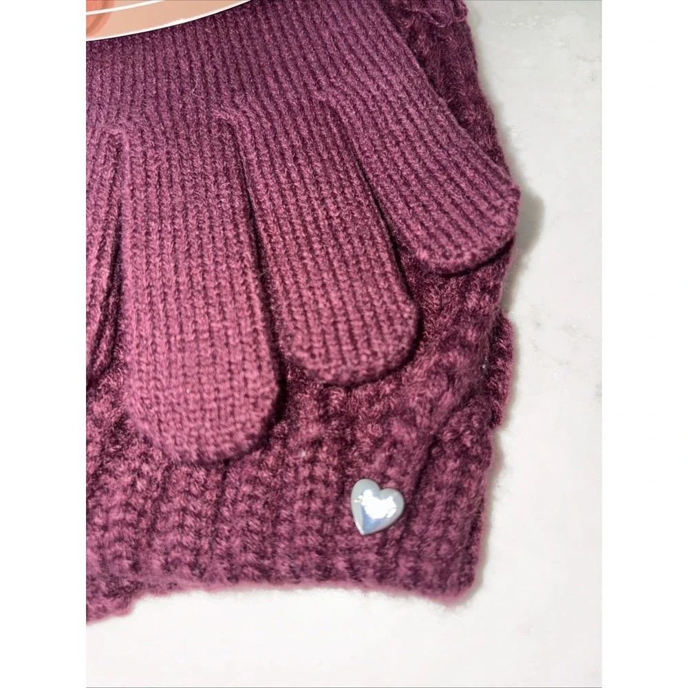 Womens Winter Hat Gloves Set Cable Knit Pom‎ Burgundy Beanie Gift Warm Y2K New